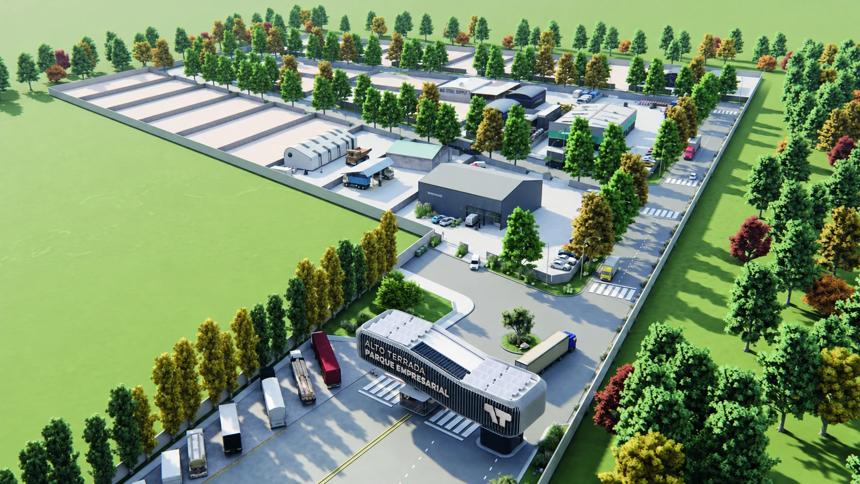Render del parque y sus naves, con la marca Alto Terrada en el portal de ingreso